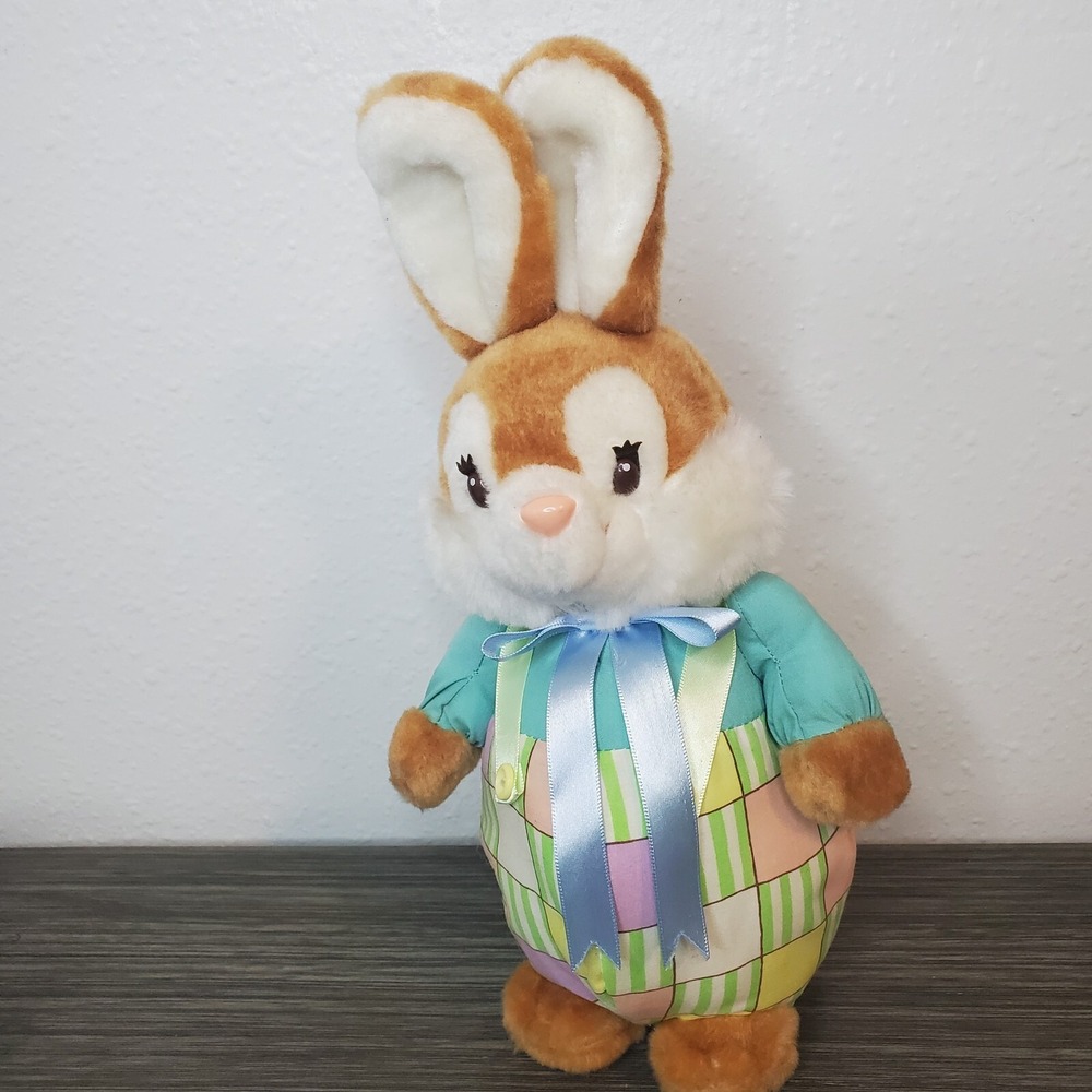 1989 American Greetings Bloomer Plaid Pastel Bunny Rabbit Plush Easter Vintage